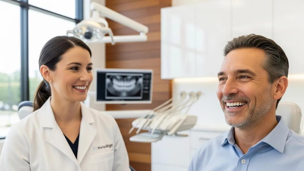 Adult smiling with Invisalign aligners in a modern dental office