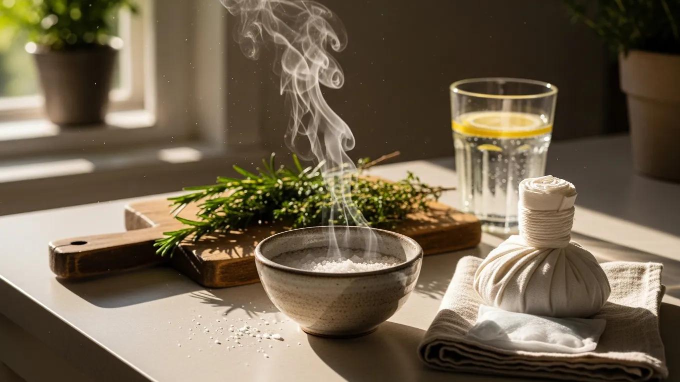 Bowl of warm saltwater and cold compress in a kitchen, illustrating home remedies for tooth pain relief