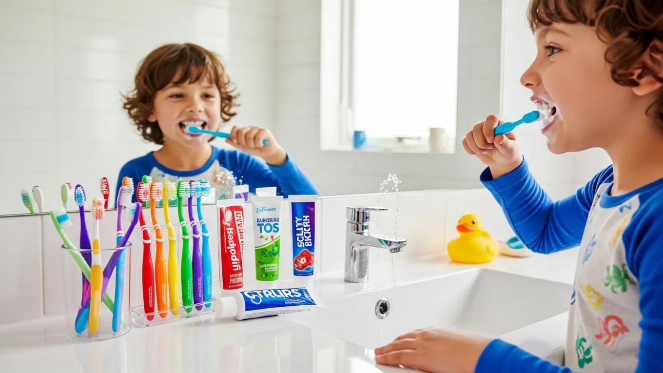 Child brushing teeth at home after fluoride treatment, promoting good oral hygiene habits