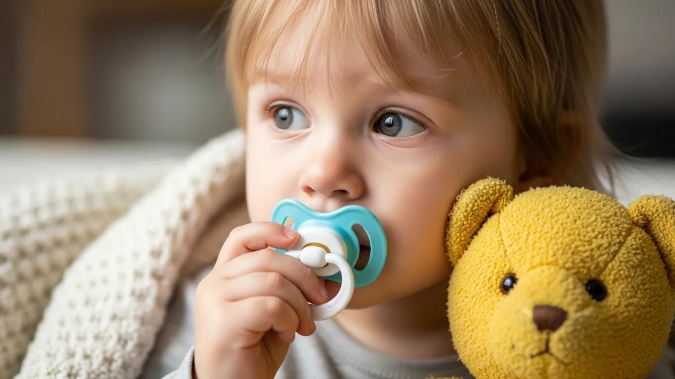 Child with pacifier and comforting items during weaning process