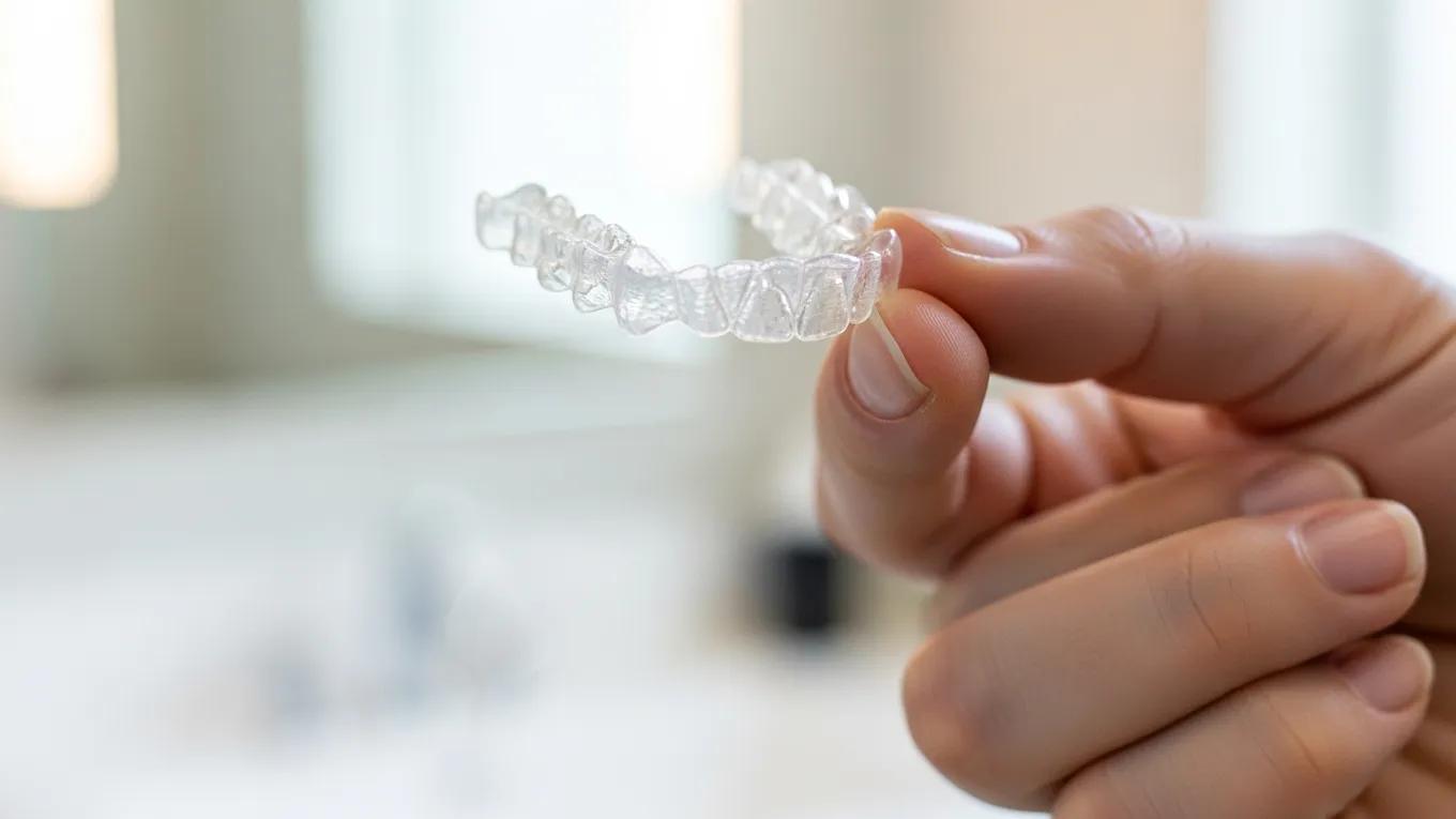 Close-up of a clear Invisalign aligner in a person's hand