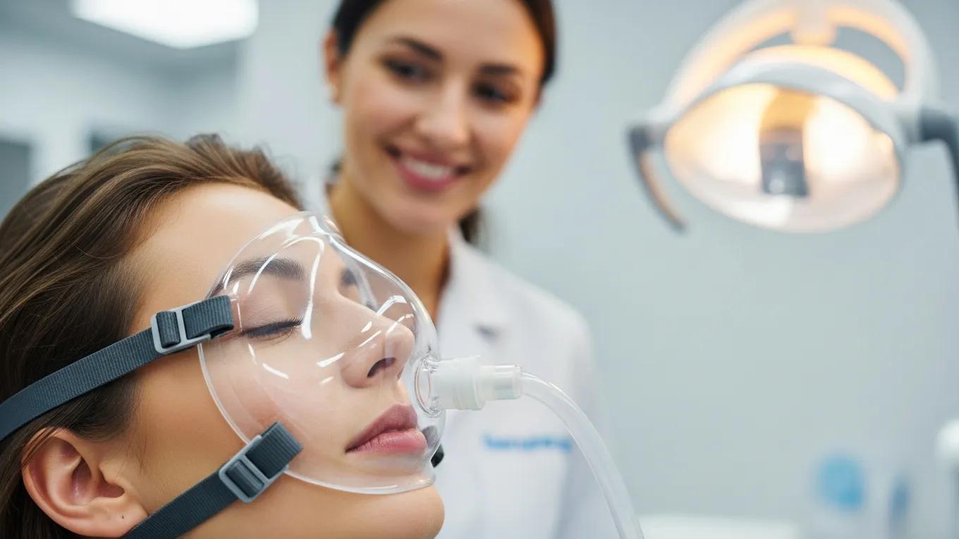Close-up of a nitrous oxide sedation mask on a patient, highlighting the calming effects of sedation dentistry