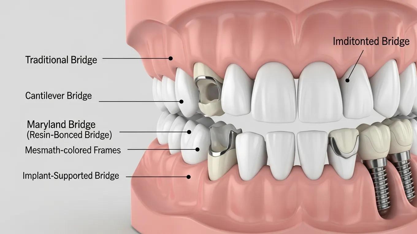 Close-up of various types of dental bridges on a dental model