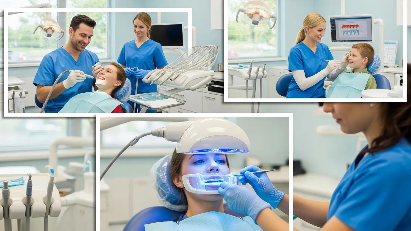 Family dental services at Midwest Family Dental Care, featuring a dentist and hygienist assisting patients of various ages, including a child and a young woman receiving treatments in a modern dental office.
