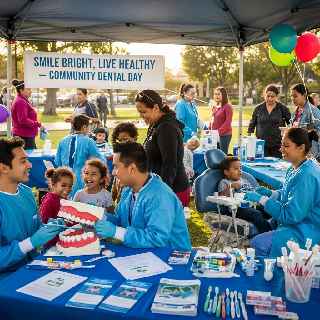 Community dental health event with families and dental professionals