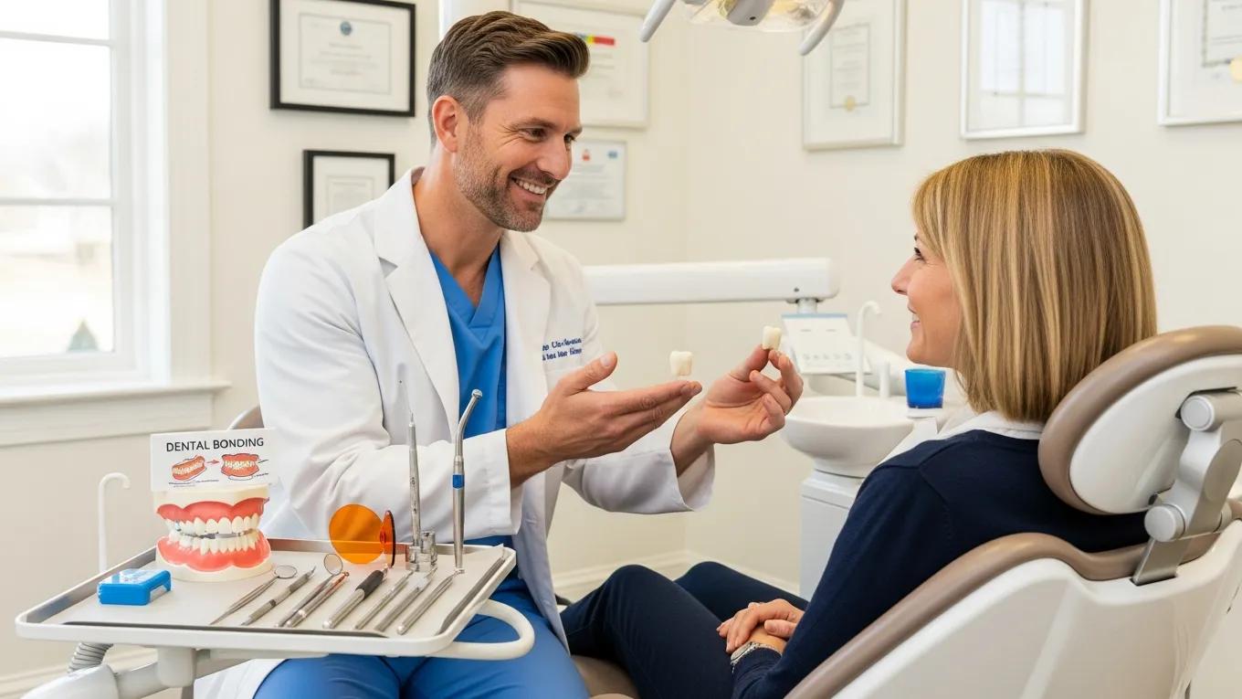 Dentist explaining dental bonding options to a patient in a modern dental office, showcasing tooth models and dental tools.