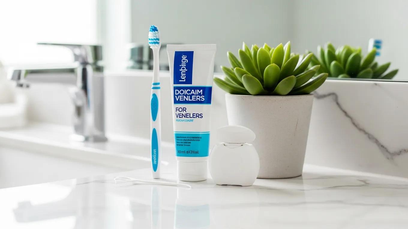 Dental care products for maintaining porcelain veneers on a clean bathroom counter
