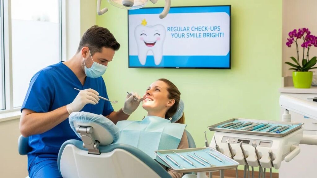 Dentist performing a routine dental exam on a patient in a modern dental office, with tools and a monitor displaying "Regular Check-Ups Keep Your Smile Bright!" in the background.