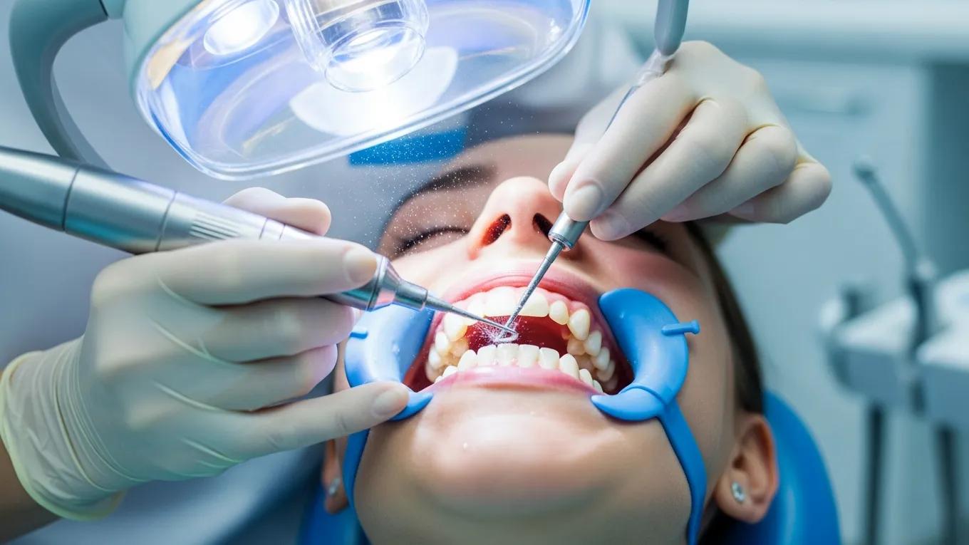 Dental hygienist cleaning teeth with scaler during professional cleaning