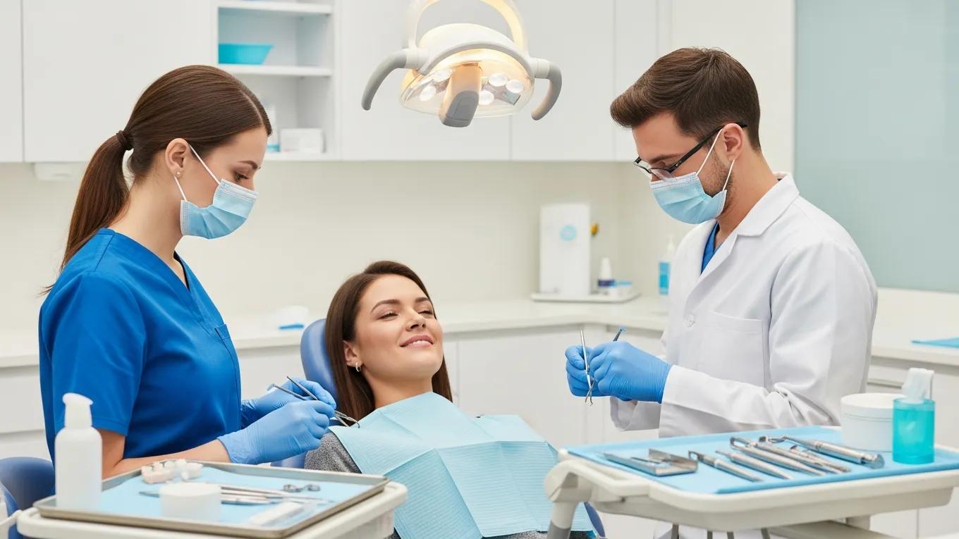 Patient in dental chair receiving care from two dental professionals, emphasizing comfort and safety in sedation dentistry.