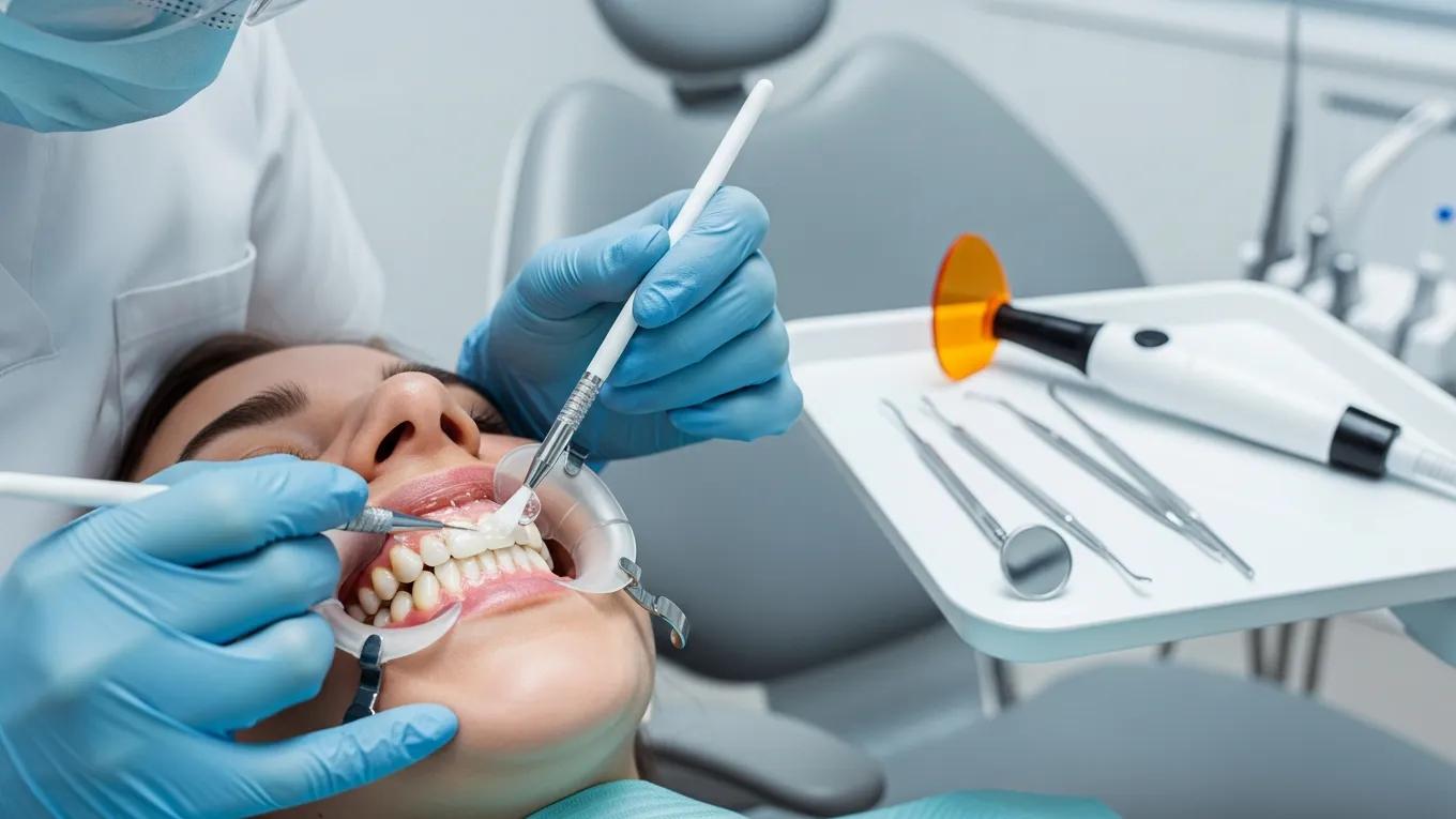 Dental professional applying whitening gel during in-office teeth whitening treatment