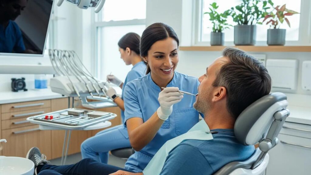 Dental professional conducting an oral examination on a patient in a bright dental office, emphasizing patient care and dental health services.