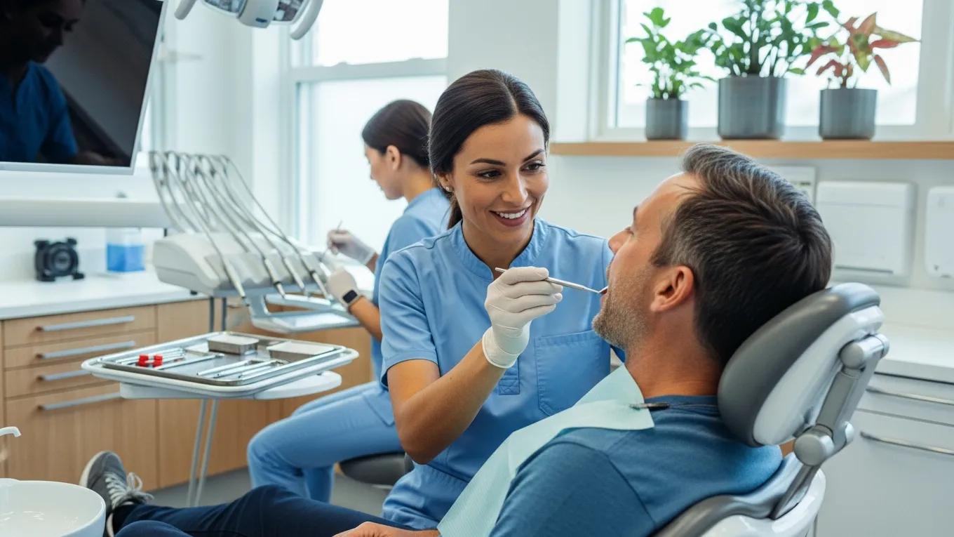 Dental professional conducting an oral cancer screening in a bright dental office, emphasizing the importance of early detection and proactive oral health management.