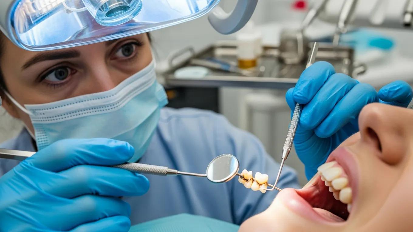 Dental professional examining a patient with a broken tooth in a clinic