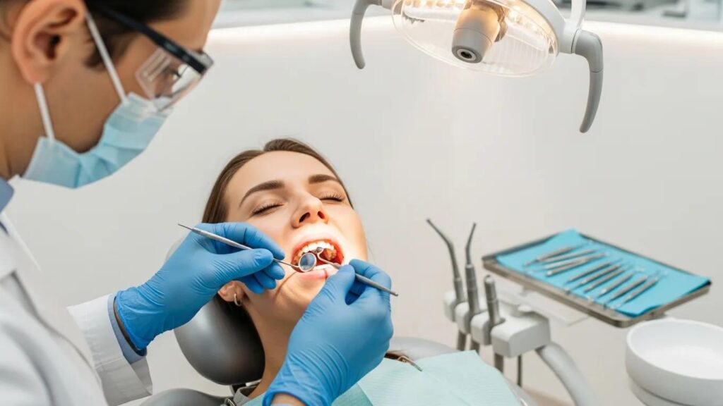 Dental professional examining gums in a modern dental office, highlighting gum disease prevention