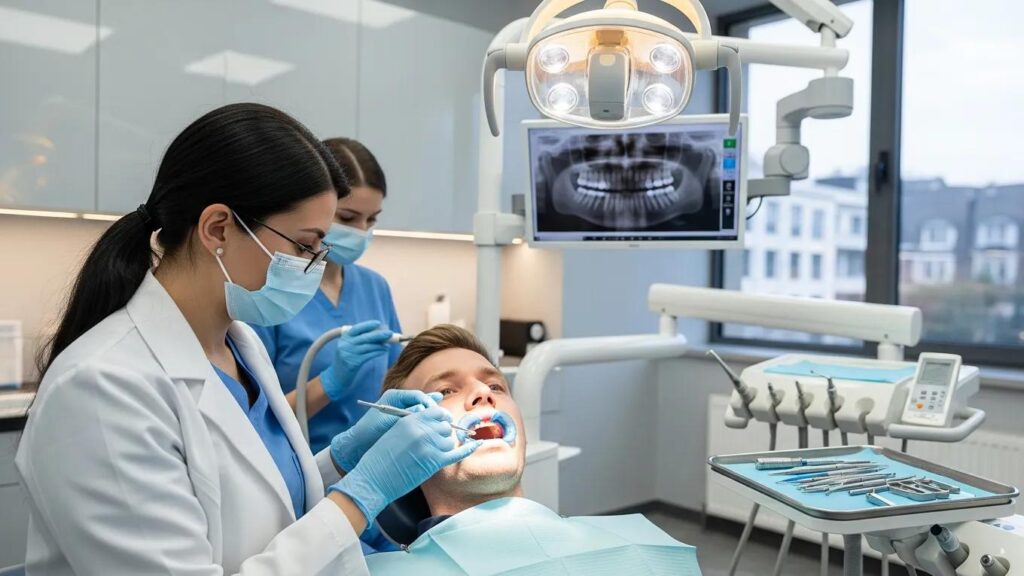 Dental professional placing a crown on a patient in a modern dental clinic, highlighting dental care and restoration services.