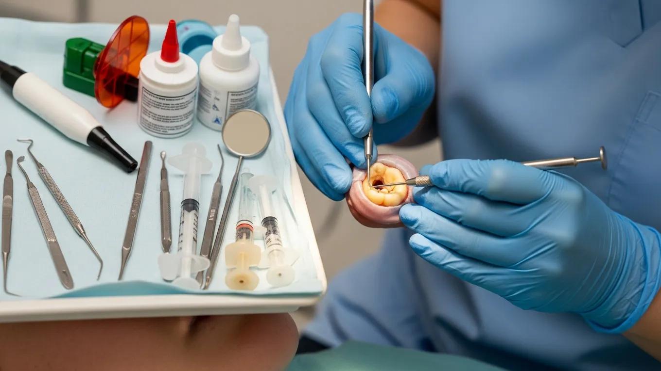 Dentist applying composite filling during a dental procedure