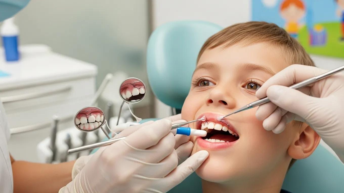 Dentist applying dental sealant to a child's molar, illustrating the sealant application process