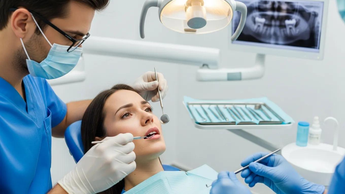 Dentist examining a patient in a dental office, representing urgent dental services for tooth pain