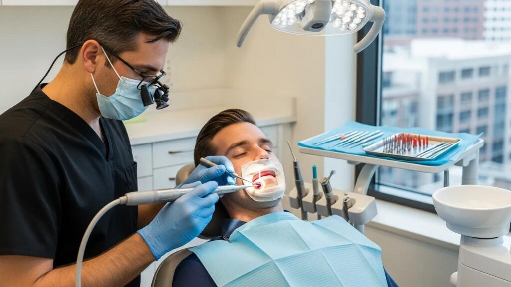 Dentist performing root canal therapy on a patient in a modern dental office, featuring dental tools and equipment in a bright environment.