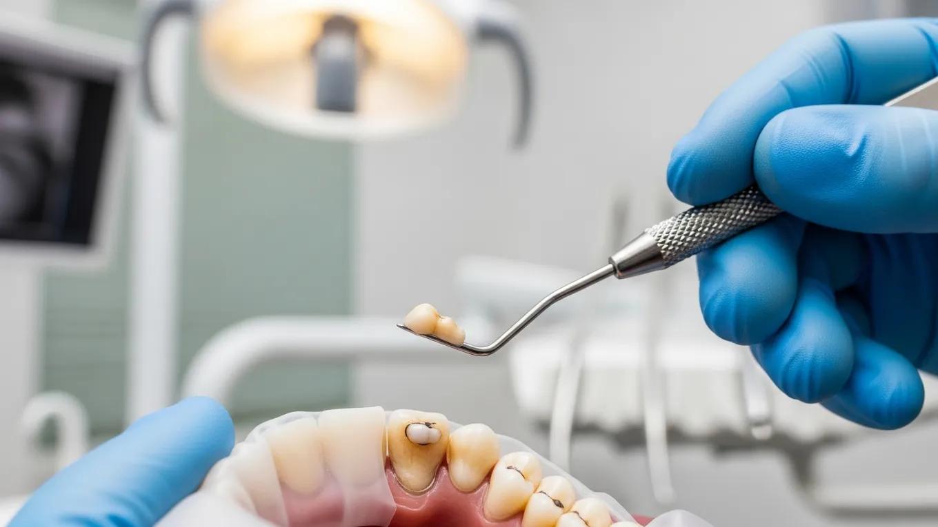 Dentist preparing a composite filling on a tooth model in a bright dental office, illustrating the procedure for natural-looking tooth repairs.