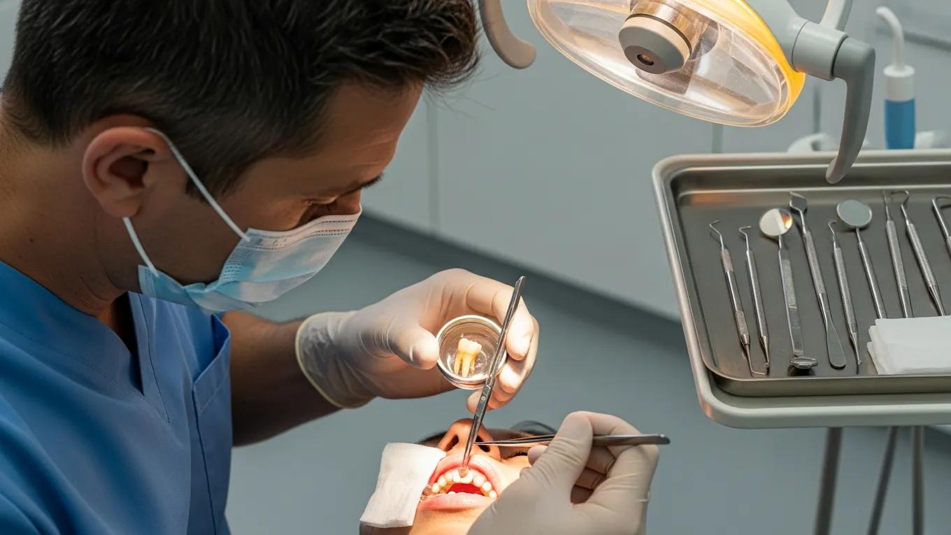 Dentist preparing for tooth reimplantation procedure