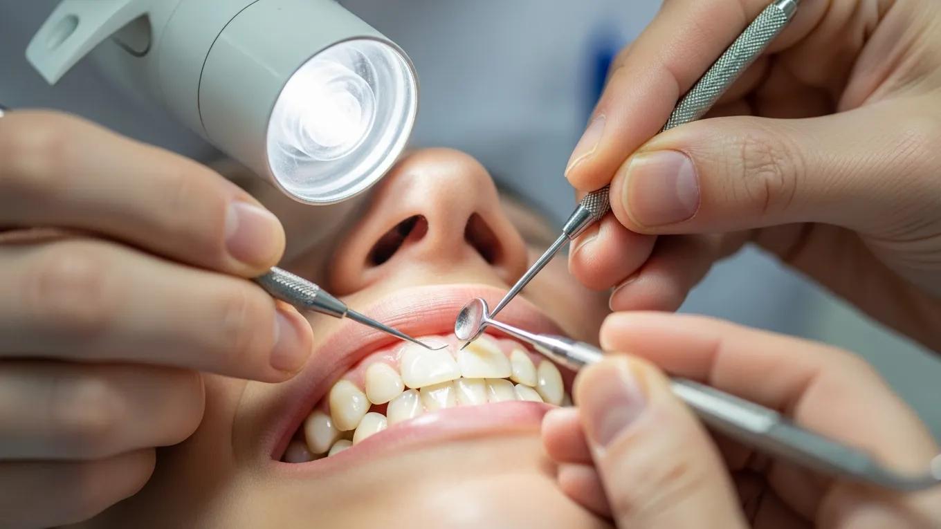 Dentist preparing patient's teeth for porcelain veneers by removing enamel