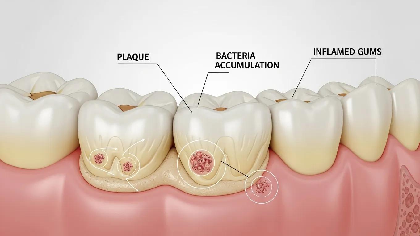 Diagram of teeth with plaque buildup illustrating bacteria's role in gum disease