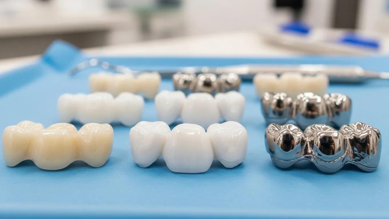 Different types of dental crowns on a tray, showcasing options for dental restoration