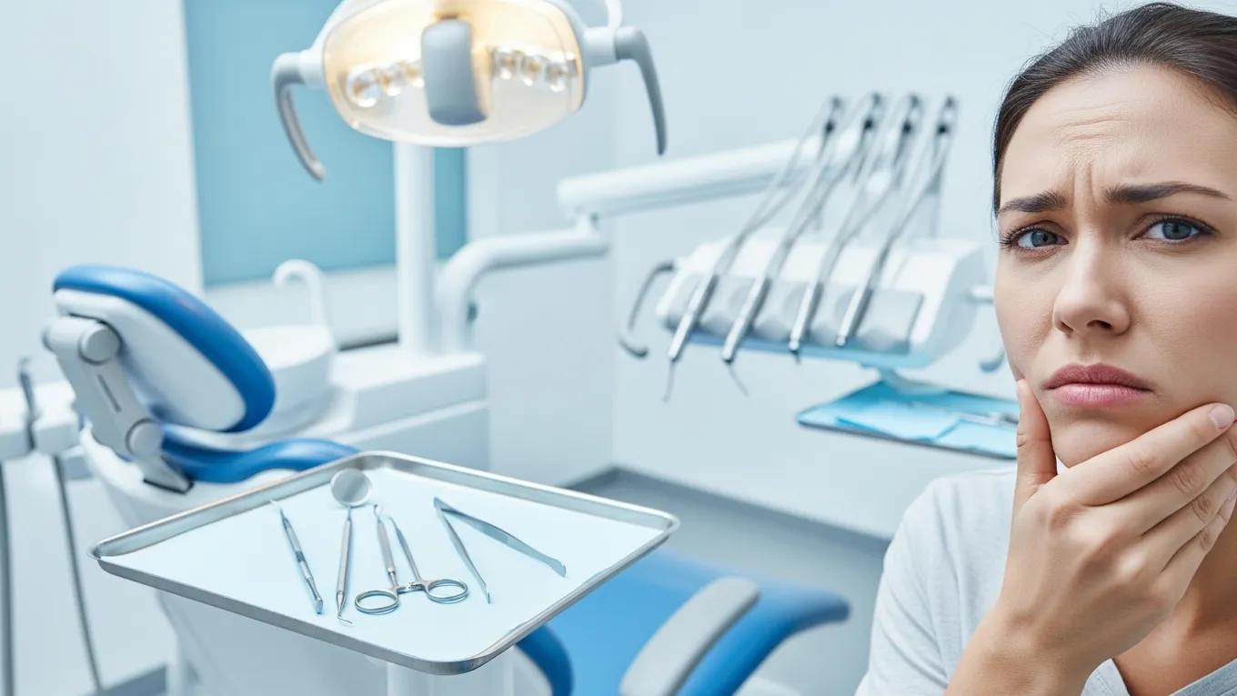 Dental clinic setting with dental tools on a tray, patient covering face in distress, emphasizing emergency care for broken teeth and avulsions.