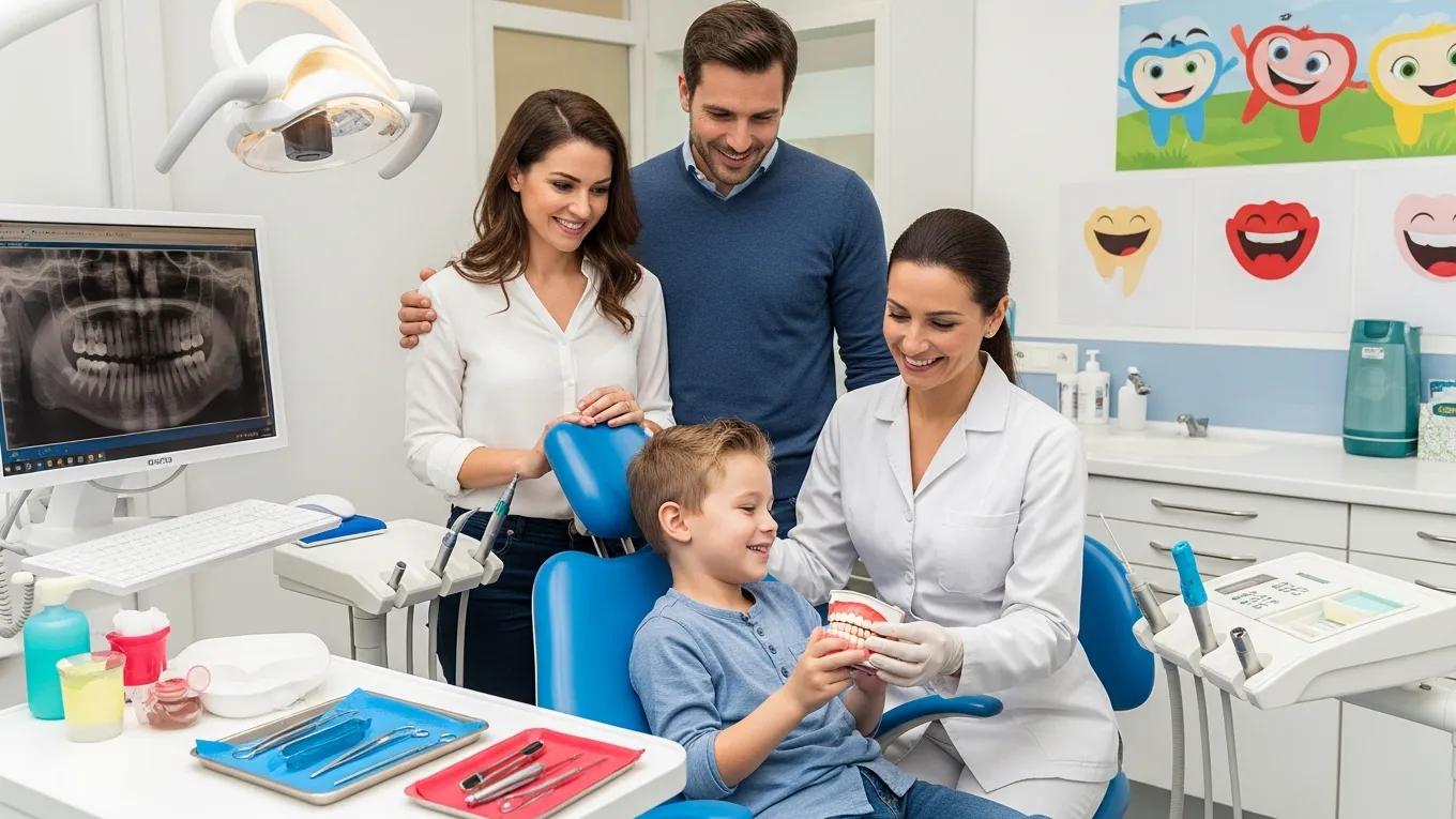 Family dental check-up with pediatric dentist and child in a caring dental environment, showcasing dental tools and educational materials for oral health.