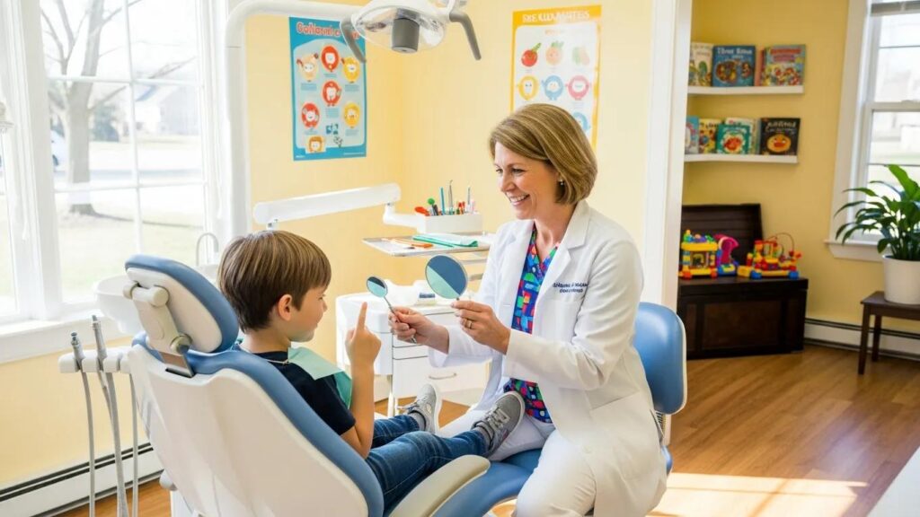 Family dentist engaging with a child in a welcoming dental office