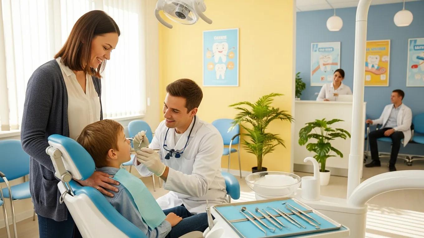 Family receiving emergency dental care in a welcoming clinic environment, featuring a dentist examining a child while a parent observes, with dental tools and a friendly atmosphere.