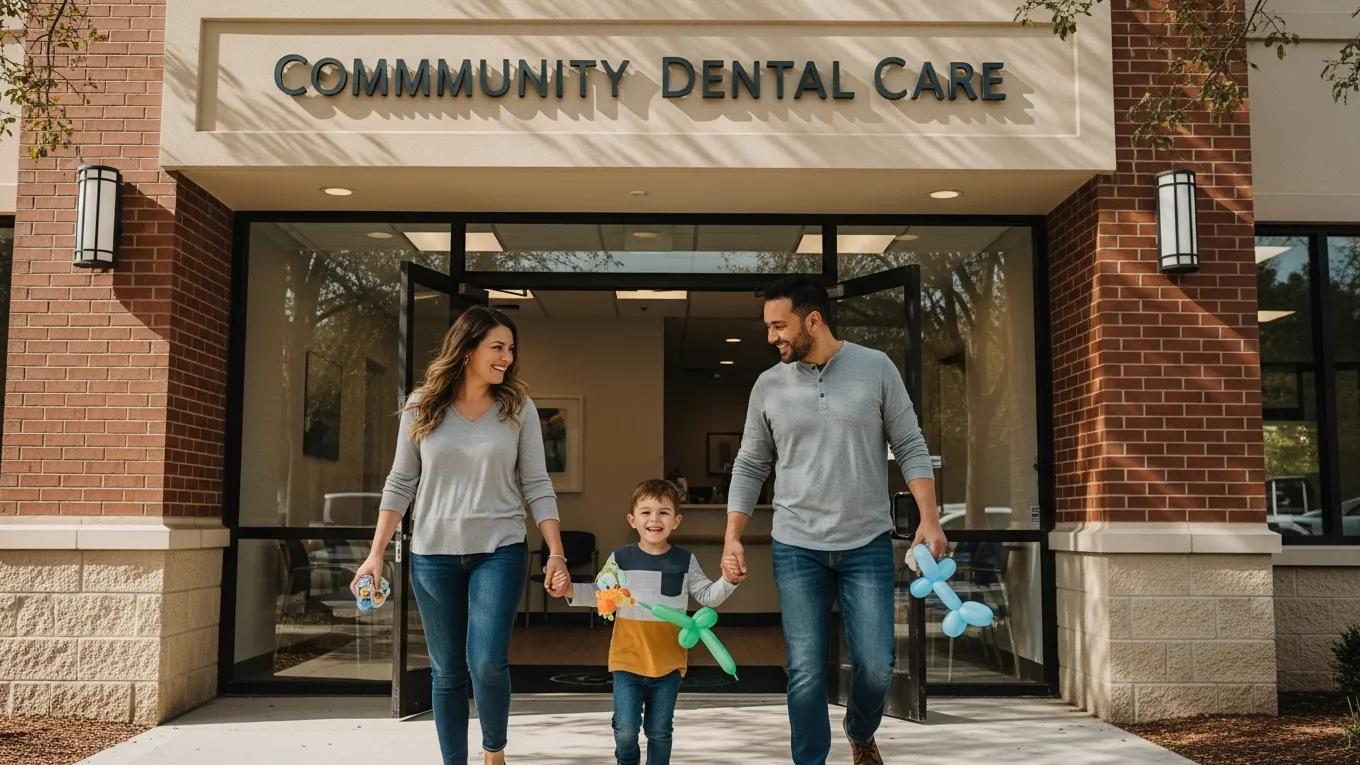 Happy family leaving a dental clinic after a positive experience