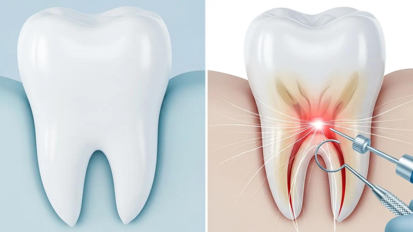 Healthy tooth and damaged tooth representation highlighting root canal therapy benefits