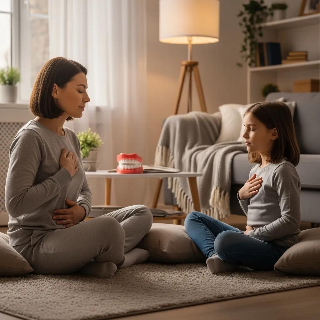 Parent and child practicing breathing exercises