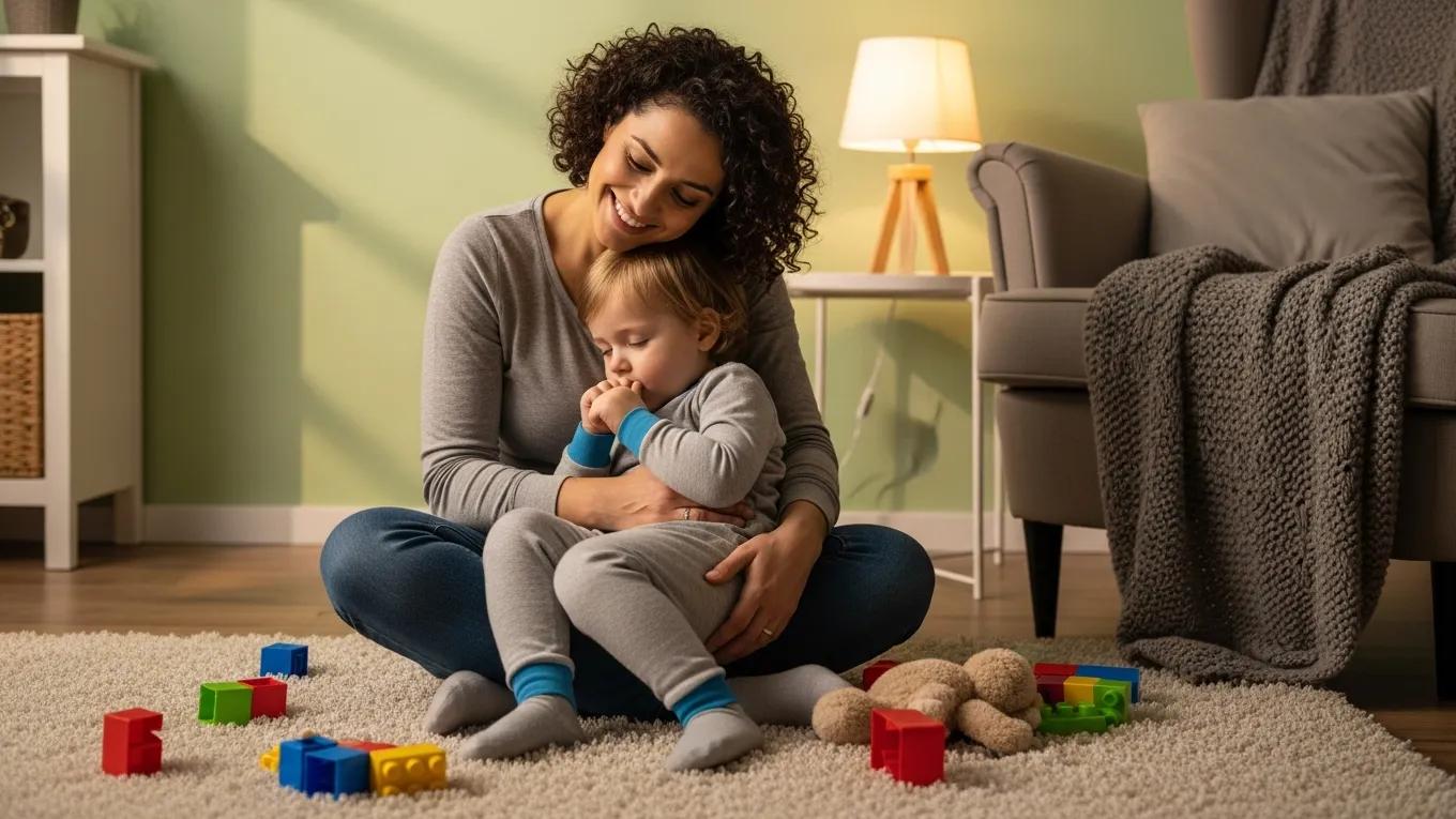 Parent comforting child in cozy living room, surrounded by colorful toys, illustrating themes of thumb sucking and early habit management.