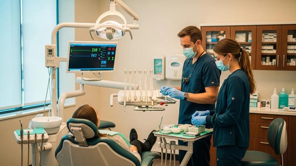 Patient in a dental chair receiving IV sedation in a calm dental clinic