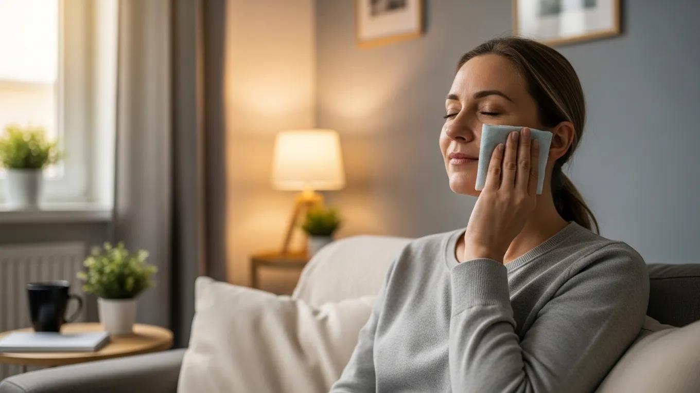 Patient recovering at home after root canal therapy with a warm compress
