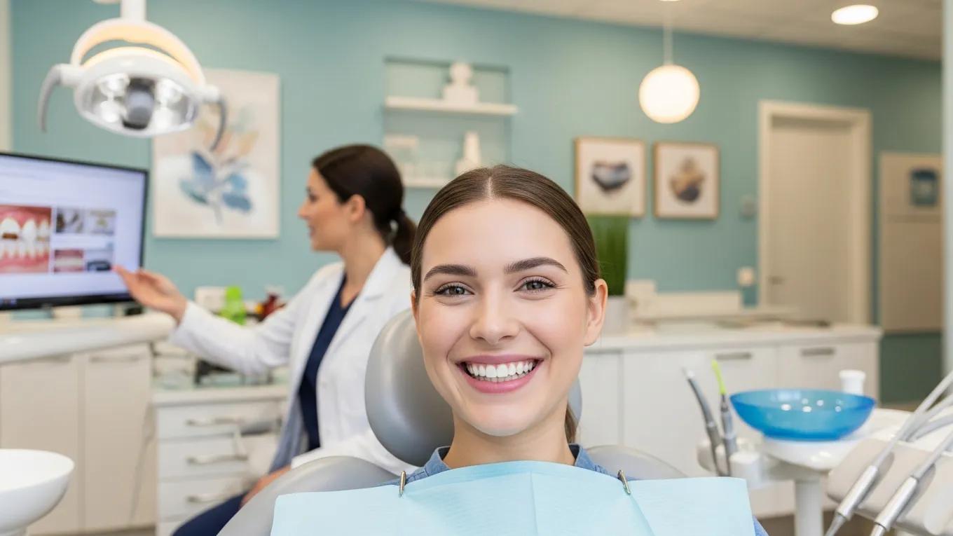 Patient smiling with natural-looking composite fillings in a dental clinic