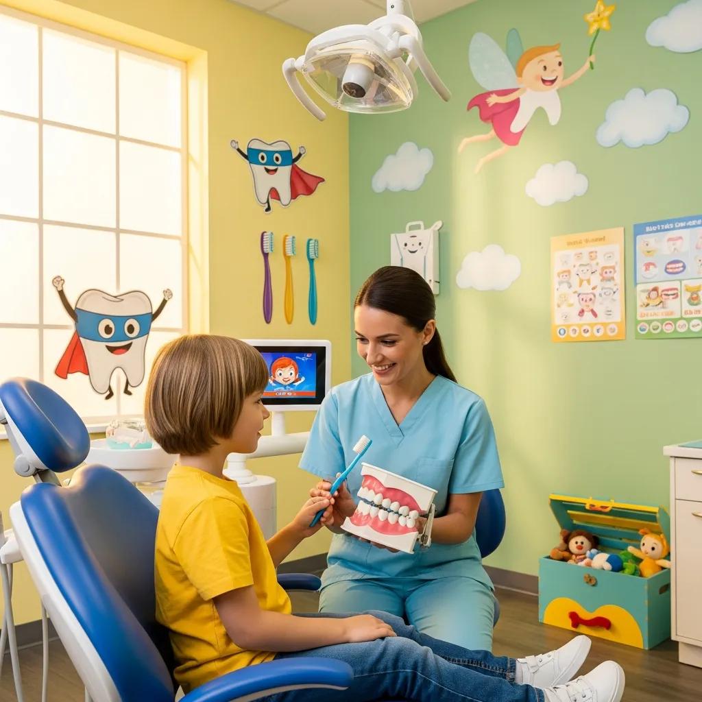 Pediatric dentist engaging with a child in a colorful dental office, emphasizing a positive first dental visit experience with educational materials and