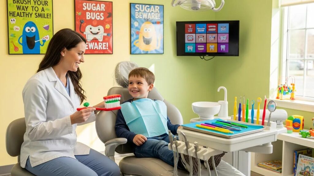 Pediatric dentist engaging with a child in a friendly dental office setting