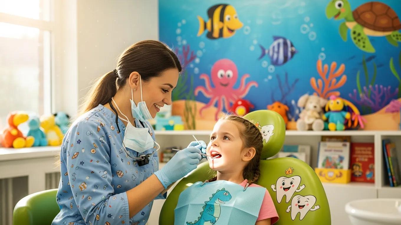 Pediatric dentist examining a child's teeth in a colorful dental office