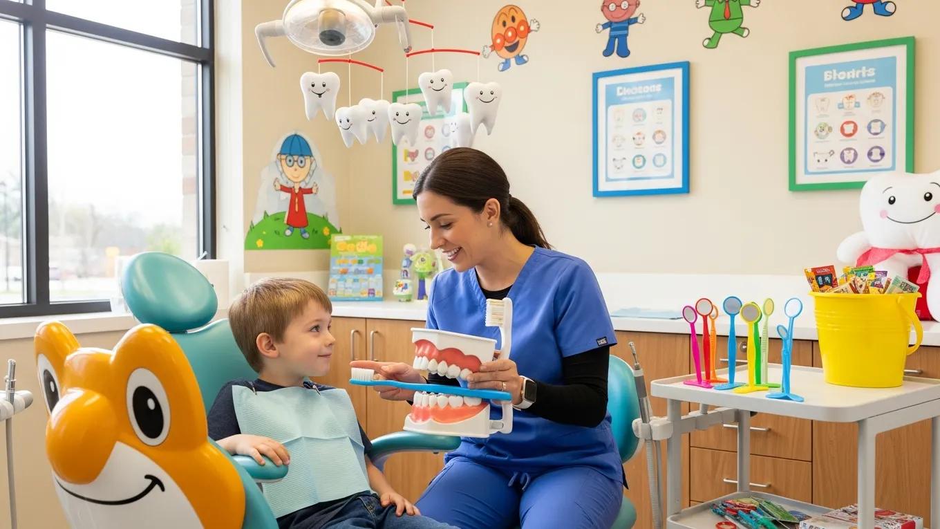 Pediatric dentist explaining dental health to a child in a cheerful office