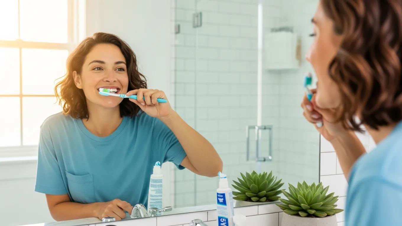 Person brushing teeth in a bright bathroom, emphasizing dental hygiene after crown placement