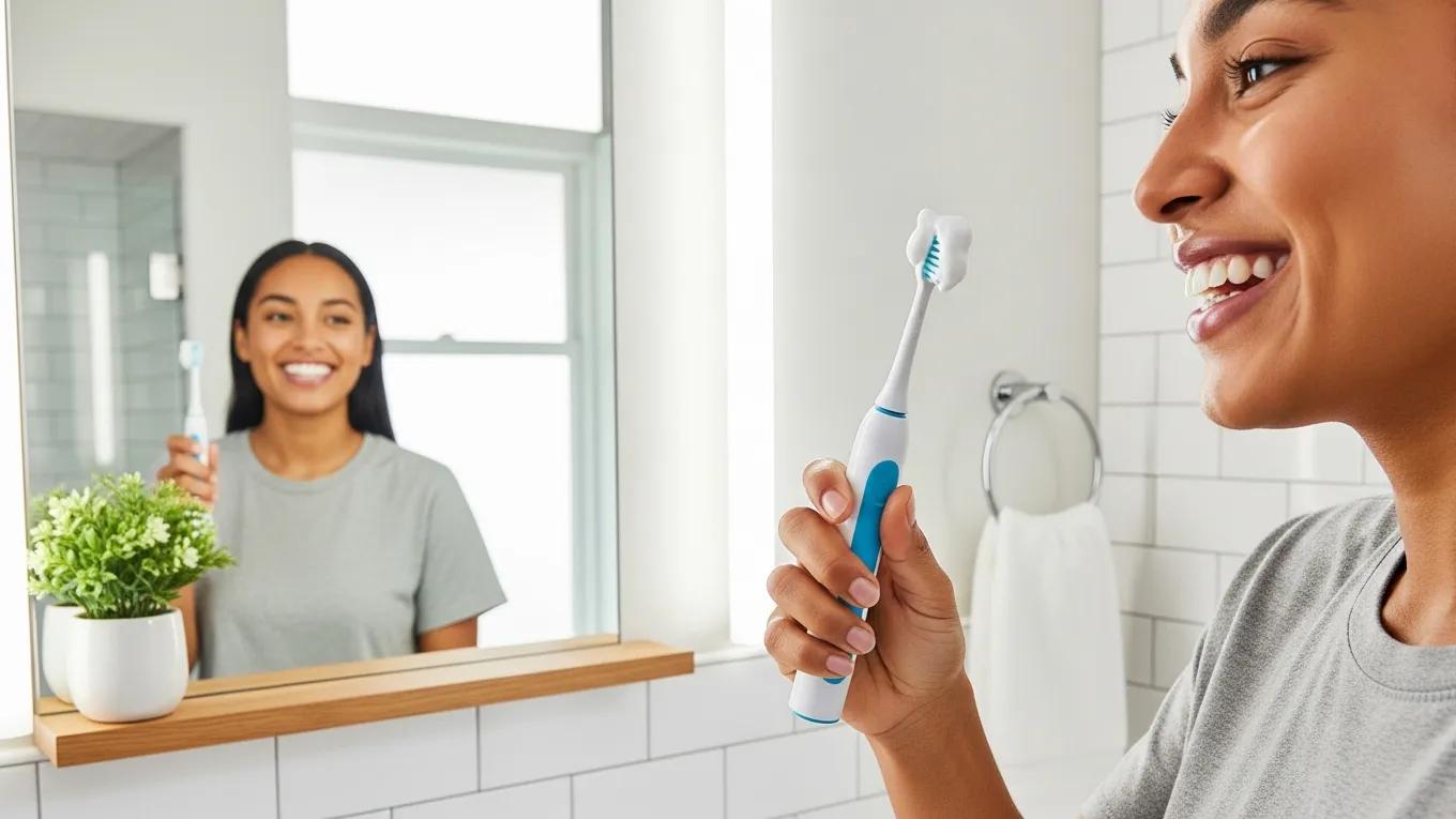 Person brushing teeth in a bright bathroom promoting daily oral hygiene