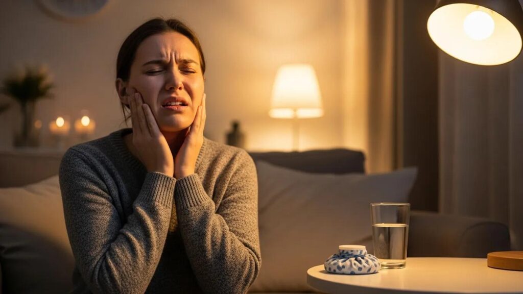 Person experiencing tooth pain in a cozy living room, highlighting the theme of toothache relief, with a glass of water and a soothing ice pack nearby.