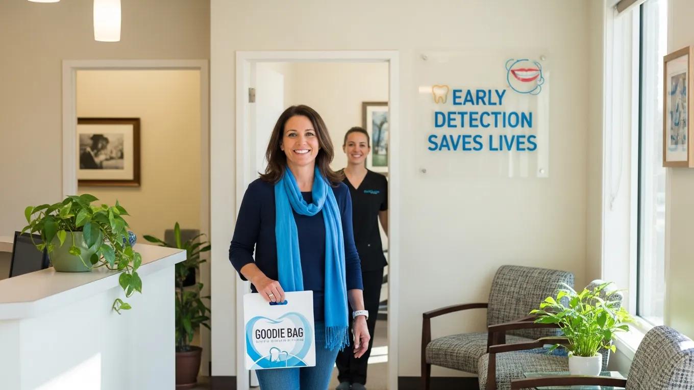 Satisfied patient leaving dental office after oral cancer screening