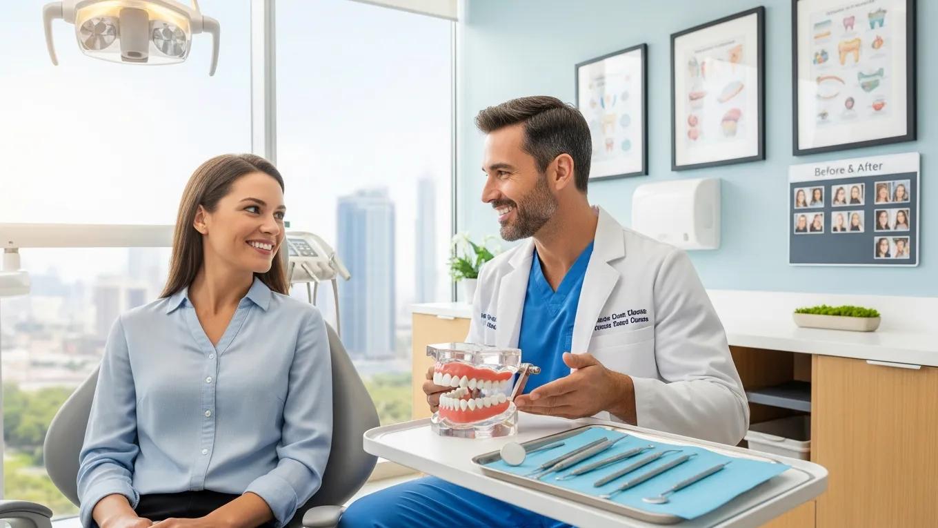 Smiling patient consulting with dentist about porcelain veneers in a bright dental clinic, showcasing dental tools and educational materials on the walls.