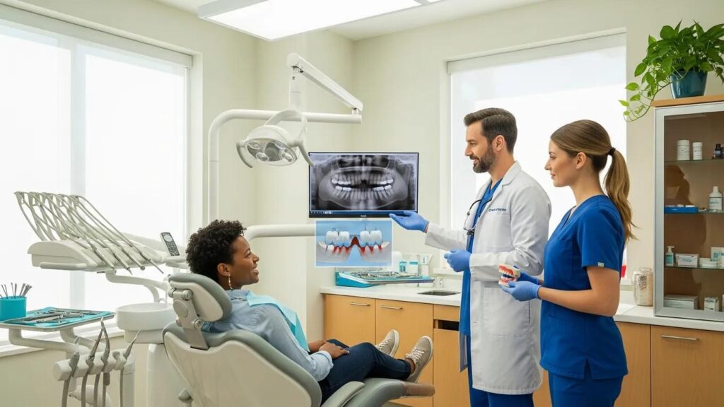 Smiling patient in dental chair discussing dental bridges with dentist and dental assistant in modern clinic setting.